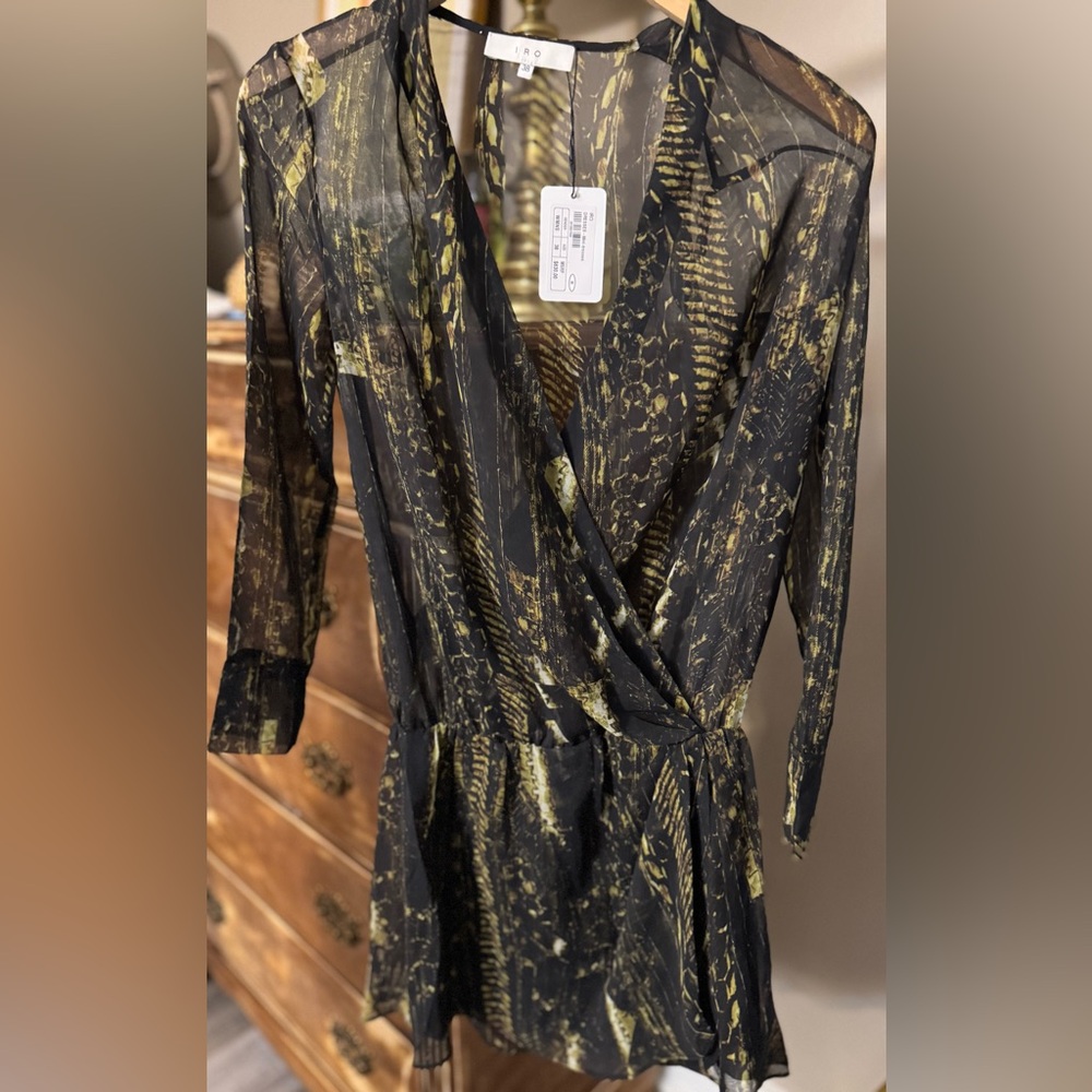 IRO Akley Sheer Faux Wrap Mini Dress Size 38 Black Gold Print NWT $630